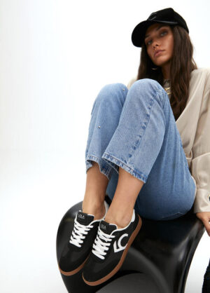 Black Faux Suede Trainer with Micro Jewel Embellishment