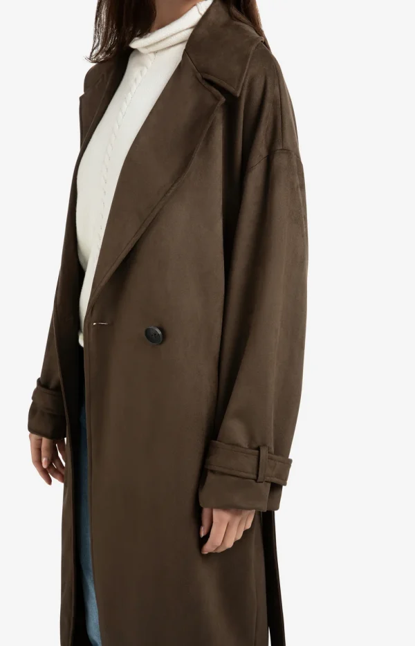 Mink Brown Faux Suede Belted Trench Coat - Image 5