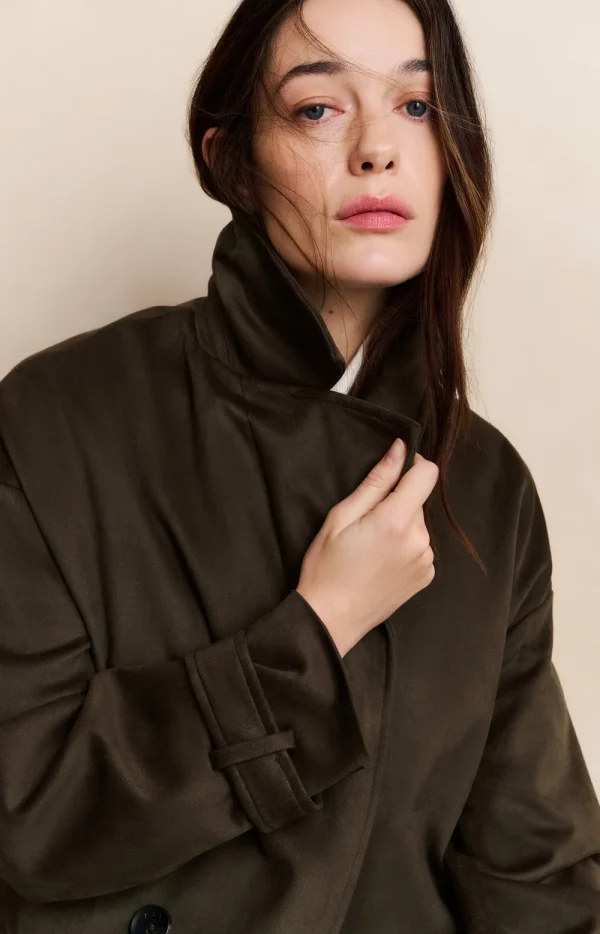 Mink Brown Faux Suede Belted Trench Coat - Image 3
