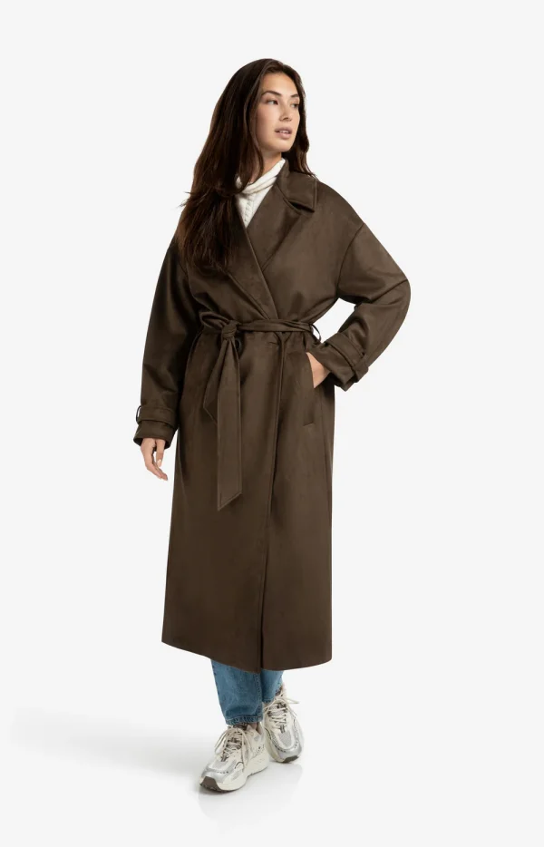 Mink Brown Faux Suede Belted Trench Coat - Image 4