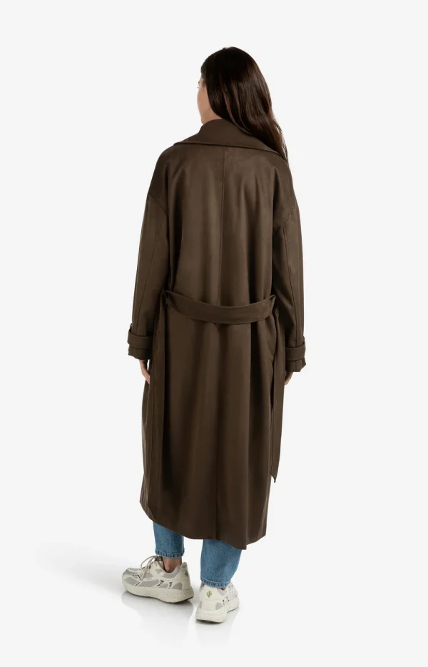 Mink Brown Faux Suede Belted Trench Coat - Image 6