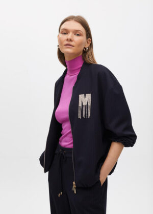 Navy Pinstripe Bomber Jacket with Diamonté Logo Embellishment