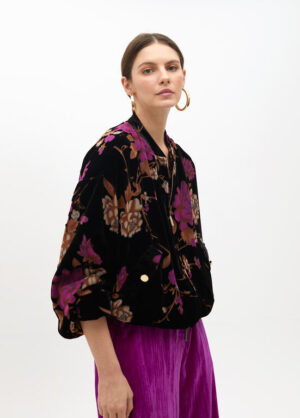 Black & Floral Print Devoré Velvet Bomber Jacket