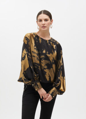 Black & Gold Top with Blouson Batwing Sleeve