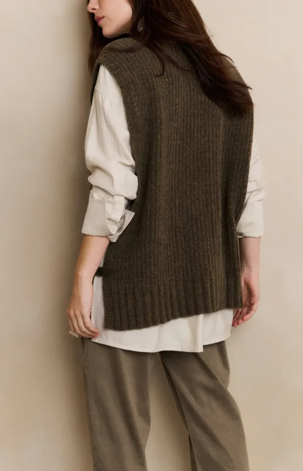 Caper Melange Ribbed Sleeveless Knit with Faux Leather Buckles - Image 3