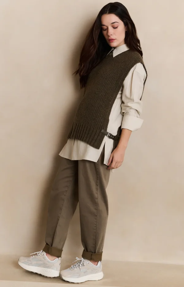 Caper Melange Ribbed Sleeveless Knit with Faux Leather Buckles - Image 2