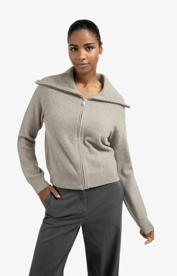 Greige Zip-Up Caradigan with Wide Collar - Image 3