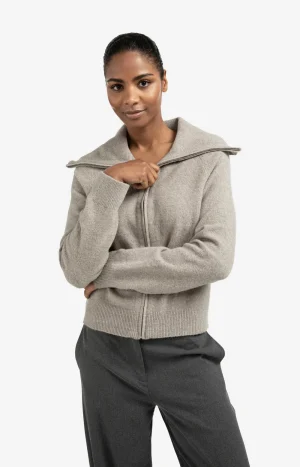 Greige Zip-Up Caradigan with Wide Collar