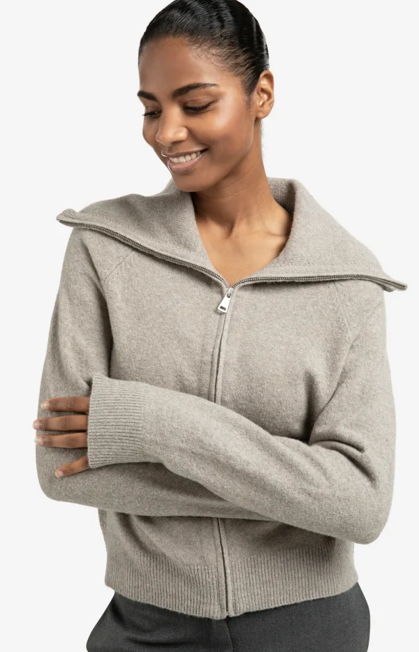 Greige Zip-Up Caradigan with Wide Collar - Image 4