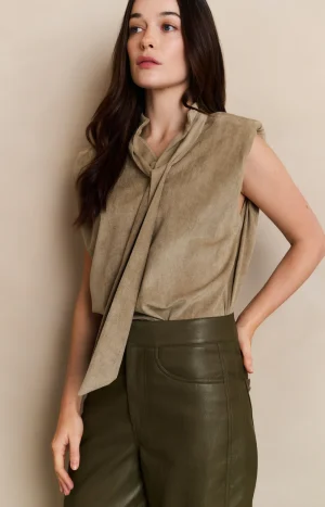 Sand Beige Faux Suede Sleeveless Top with Neck Tie & Collar