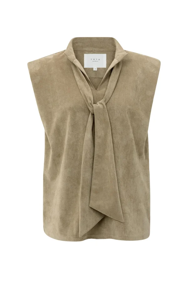 Sand Beige Faux Suede Sleeveless Top with Neck Tie & Collar - Image 4