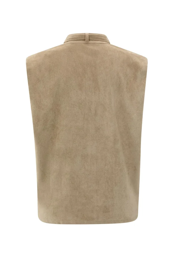 Sand Beige Faux Suede Sleeveless Top with Neck Tie & Collar - Image 5