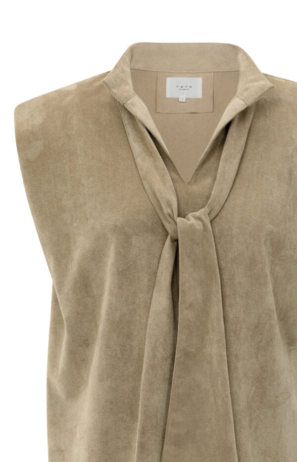 Sand Beige Faux Suede Sleeveless Top with Neck Tie & Collar - Image 2