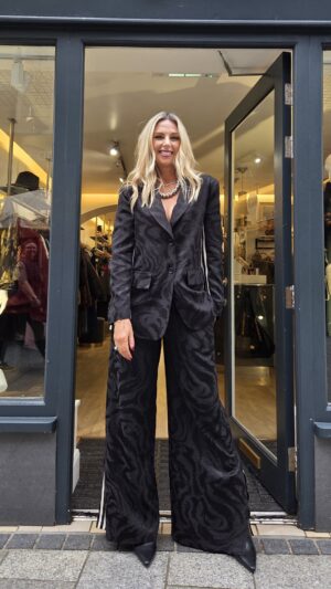 Black Jacquard Trousers with White Stripes