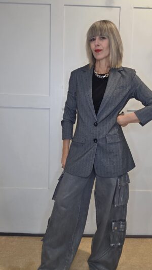 Grey Pinstripe Longline Tailored Blazer with Black Micro Jewel Embellishment