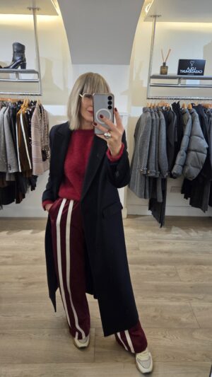 Burgundy Wide-Leg Track Pants with Double Stripe