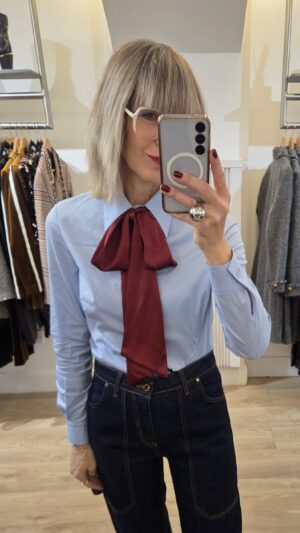 Blue Fitted Shirt with Detachable Burgundy Pussybow