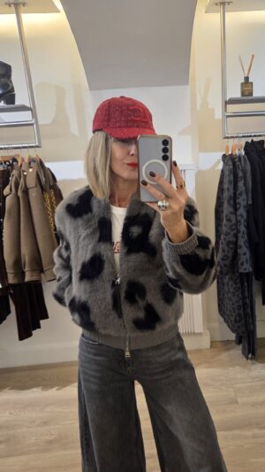 Grey & Black Faux Fur Bomber Jacket with Faux Leather Trim