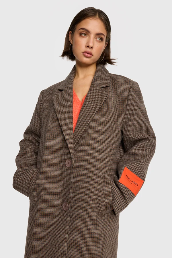 Camel Check Coat with Orange Logo - Image 2