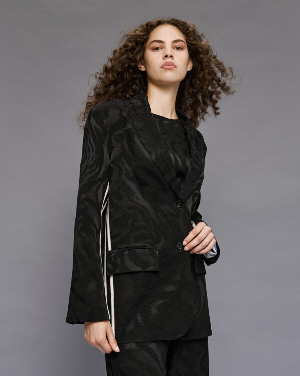 Black Jacquard Blazer with White Stripes - Image 3