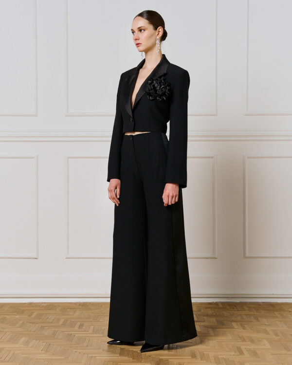 Black High-Waisted Wide-Leg Tuxedo Trousers - Image 5