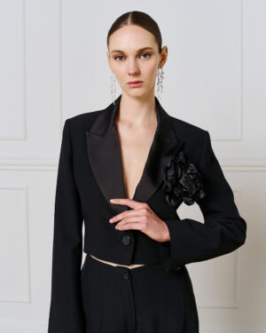 Black Cropped Tuxedo Blazer with Detachable Corsage