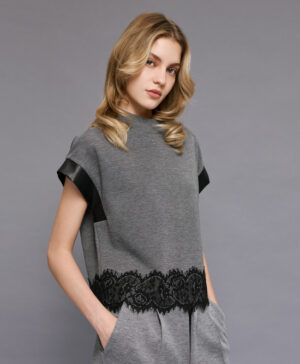 Grey Top with Black Faux Leather Trim & Black Lace Trim