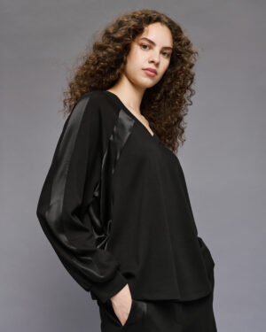 Black V-Neck Long-Sleeved Top with Satin Panels