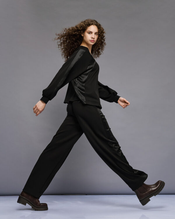 Black High-Waisted Trousers with Satin Side Panels