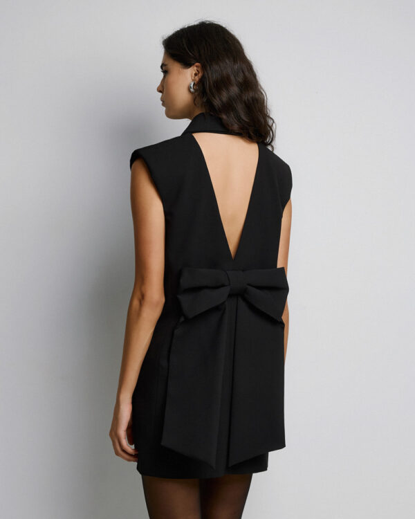 Black Double-Breasted Blazer Dress with Bow - Image 3