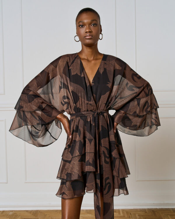Coffee & Black Printed Short Dress with Ruffles - Image 5