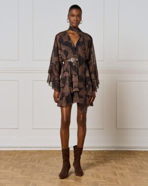 Coffee & Black Printed Short Dress with Ruffles