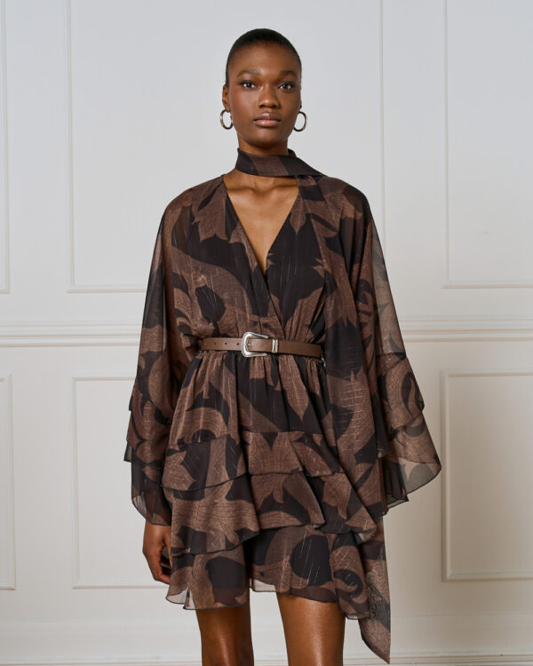 Coffee & Black Printed Short Dress with Ruffles - Image 2