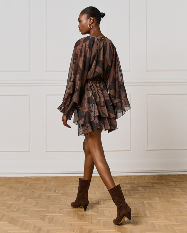 Coffee & Black Printed Short Dress with Ruffles - Image 3