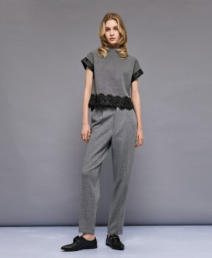 Grey Trousers with Black Faux Leather Waistband