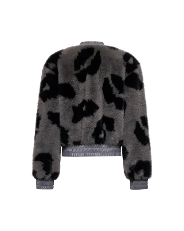 Grey & Black Faux Fur Bomber Jacket with Faux Leather Trim - Image 4