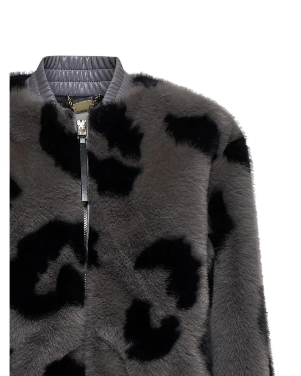 Grey & Black Faux Fur Bomber Jacket with Faux Leather Trim - Image 2