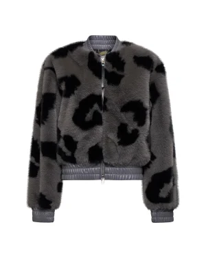 Grey & Black Faux Fur Bomber Jacket with Faux Leather Trim