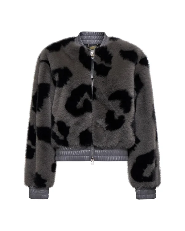 Grey & Black Faux Fur Bomber Jacket with Faux Leather Trim