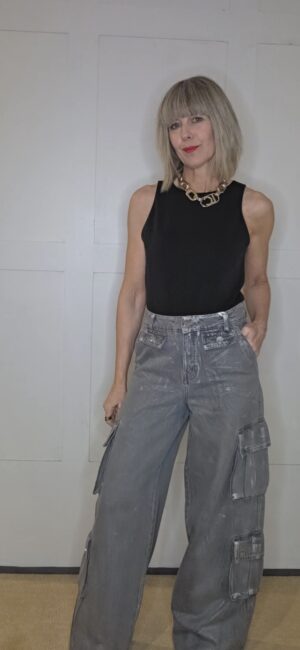 Grey Metallic-Coated High-Waisted Wide-Leg Cargo Jean