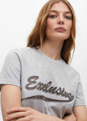 Grey Marl T-Shirt with Embellished Slogan 'Exclusive'