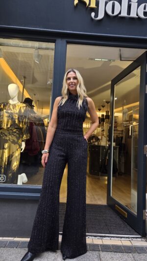 Black Halter Top with Lurex Pinstripe & Fringing