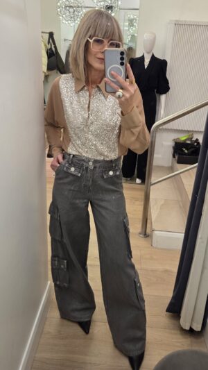 Nude Shirt with Silver Sequin Front