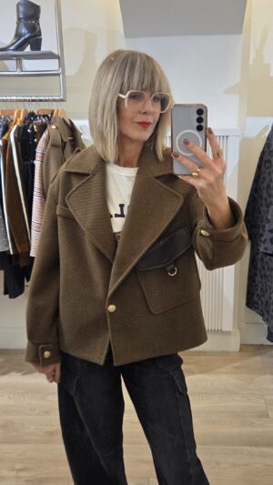 Brown Tobacco Short Coat with Over-Sized Lapels & Faux Leather Pocket