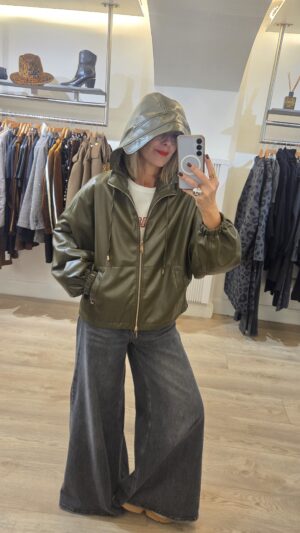 Khaki Over-Sized Hooded Bomber Jacket woth Batwing Sleeve