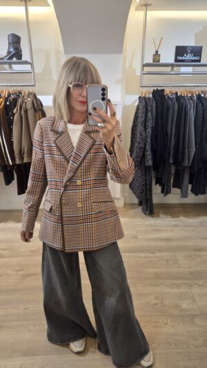 Check Blazer Double-Breasted with Faux Leather Trim