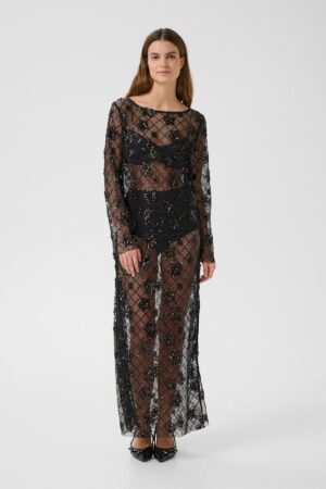 Black Sheer Embellished Maxi Dress with Long Sleeve