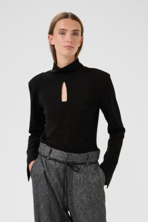 Black Jersey Fitted Turtleneck with Shoulderpad