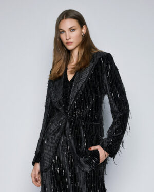 Black Velvet Blazer with Sequin Fringing