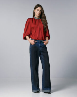 Ruby Red Long-Sleeved Blouse with Embellished Neckline